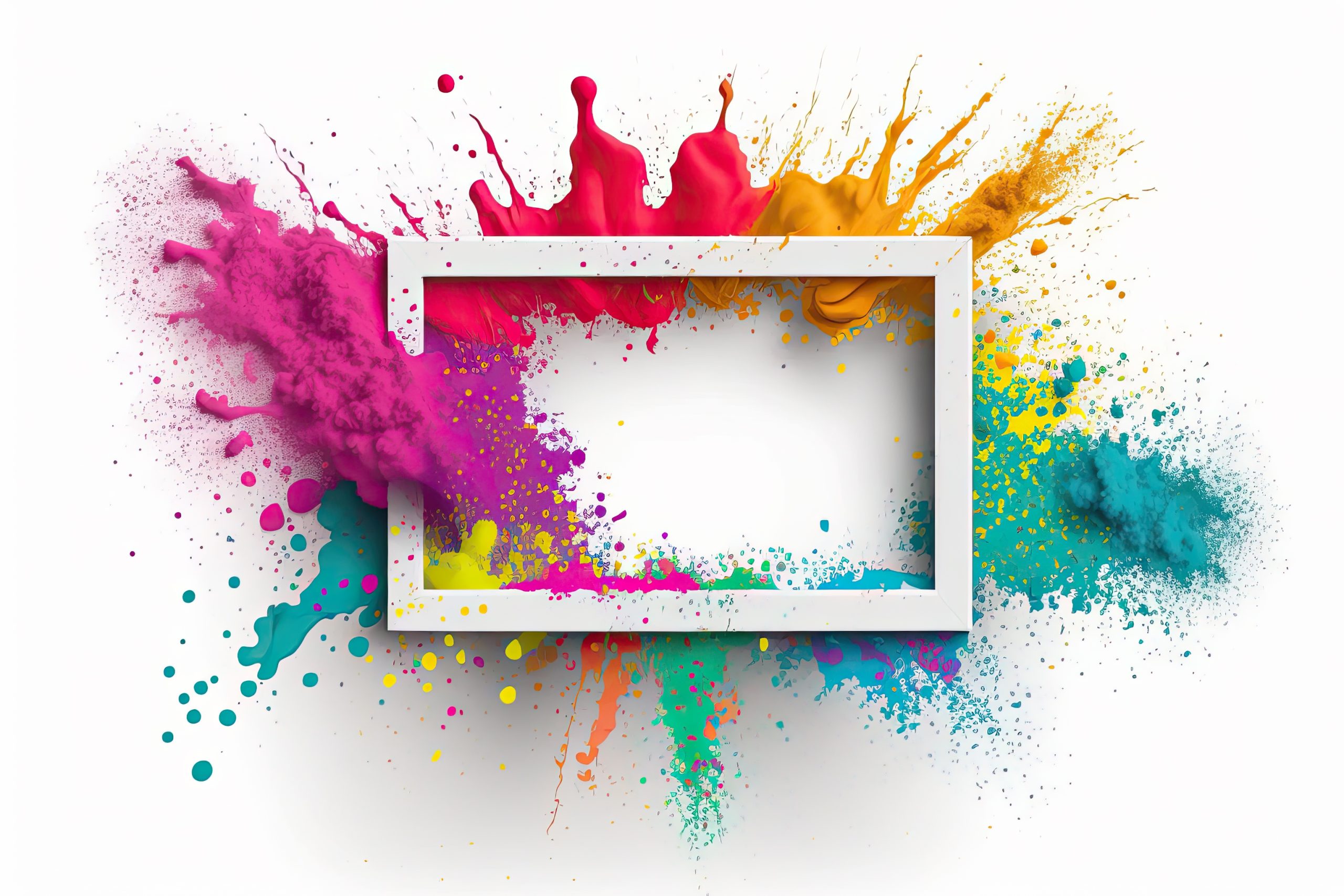 Splashing colorful powder on frame on white background. AI generative.